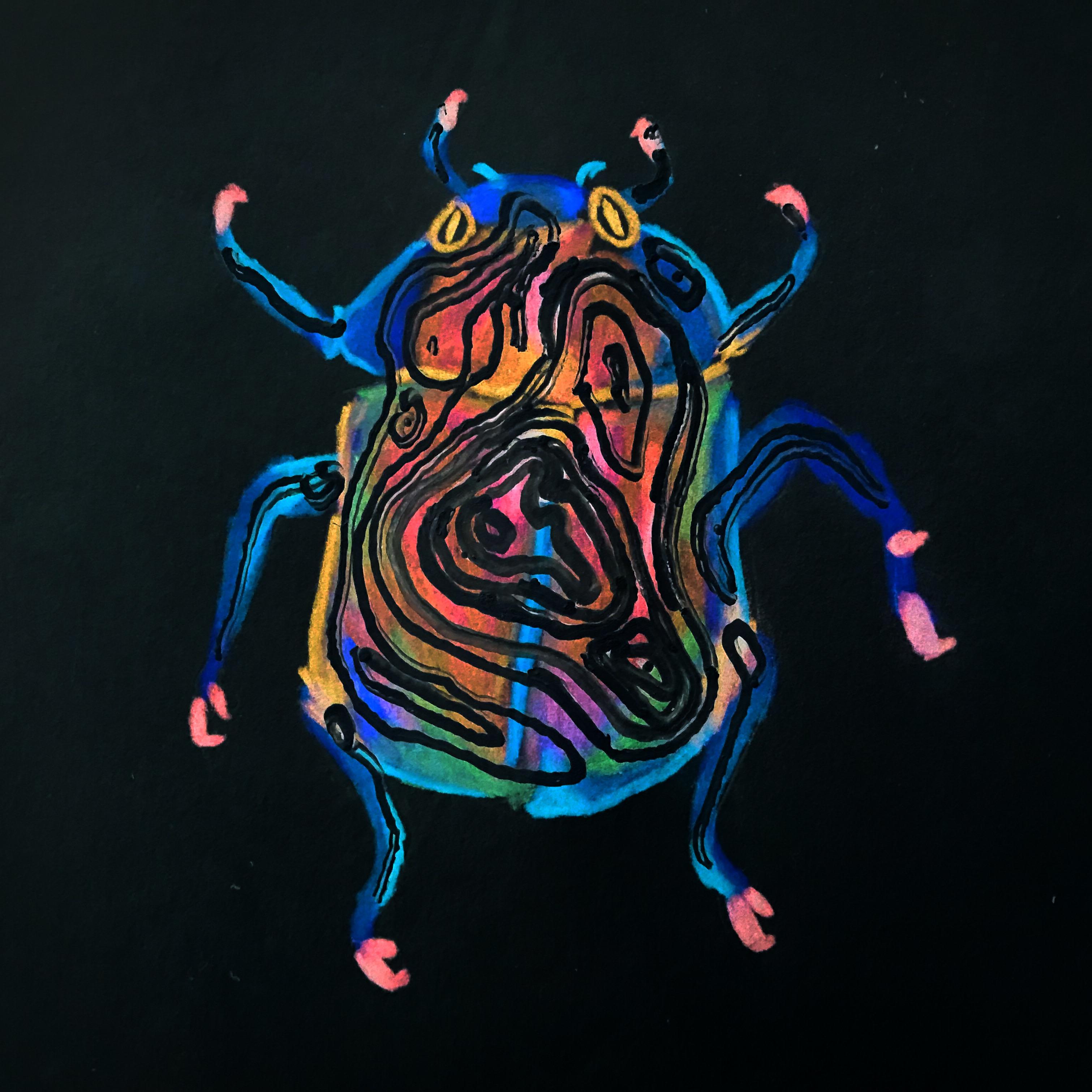 A dark, digitally inverted insect-like figure rendered on a black ground as the complementary half of a paired study.