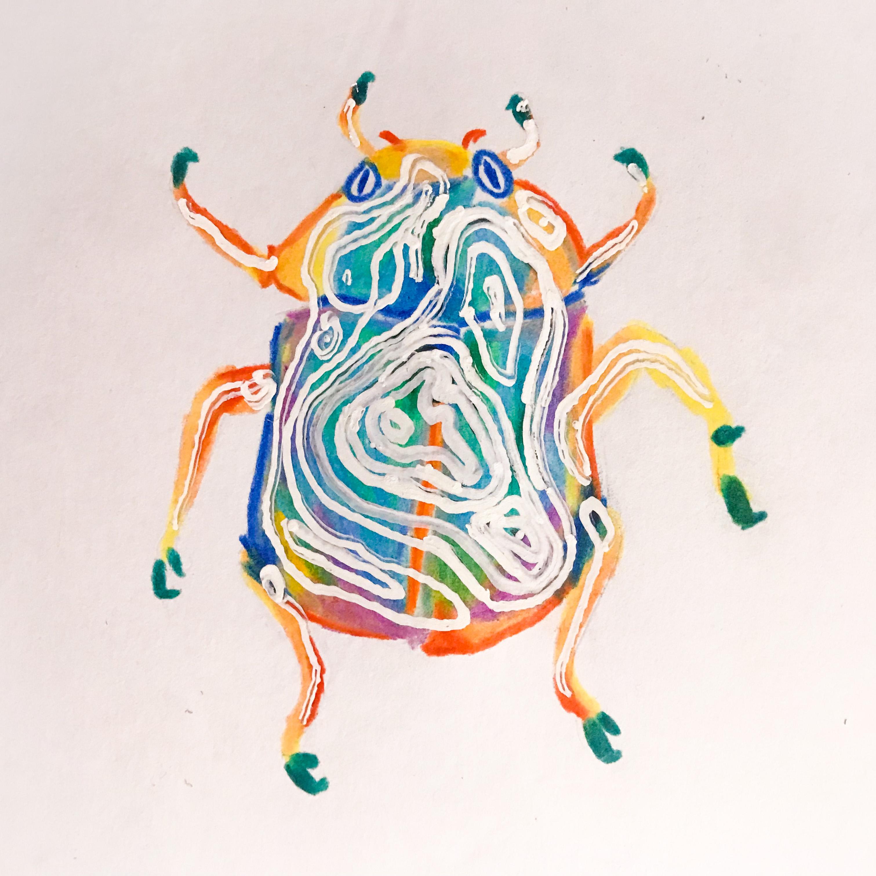 A light insect-like figure rendered on a pale ground as one half of a paired study in inversion and transformation.