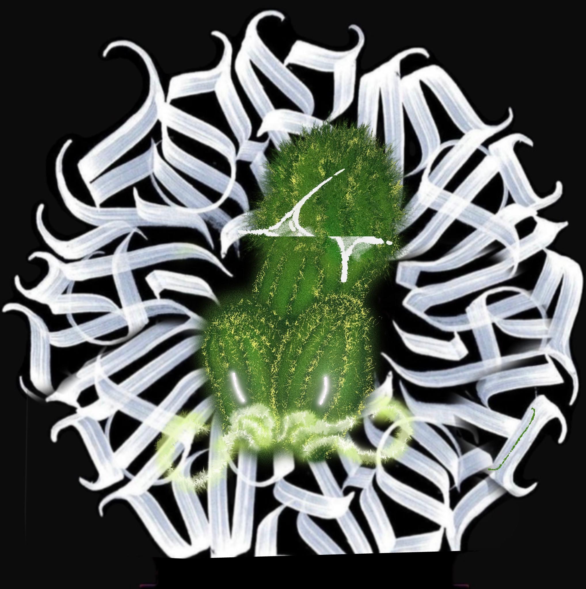 The same weird-headed green cactus dragon, the star mark on its head now scratched apart into a splayed line, surrounded by dense looping white marks on black.