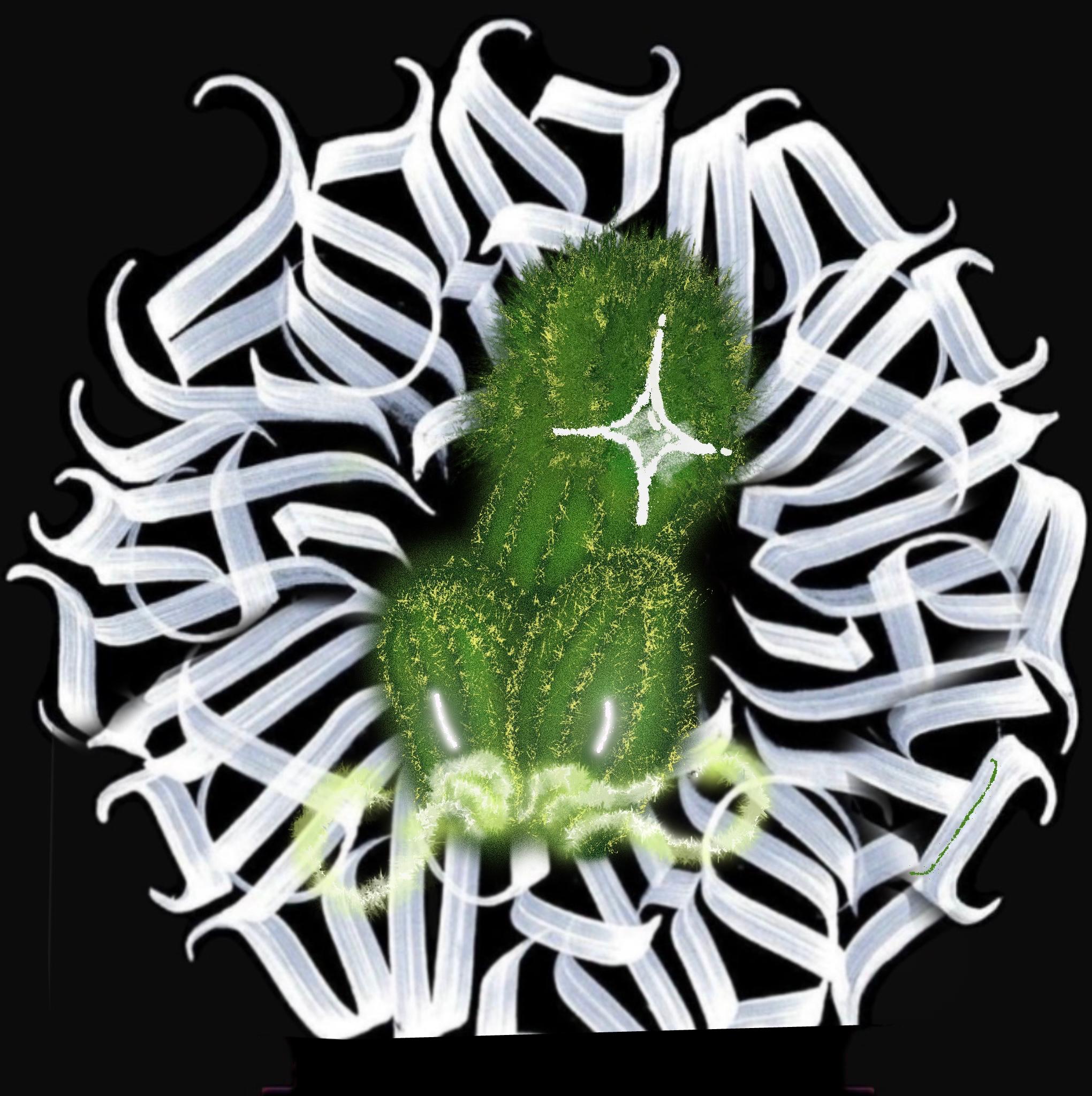 A weird-headed green cactus dragon with narrow glowing eyes and a wide mouth, an intact four-pointed star mark on its head, surrounded by dense looping white marks on black.