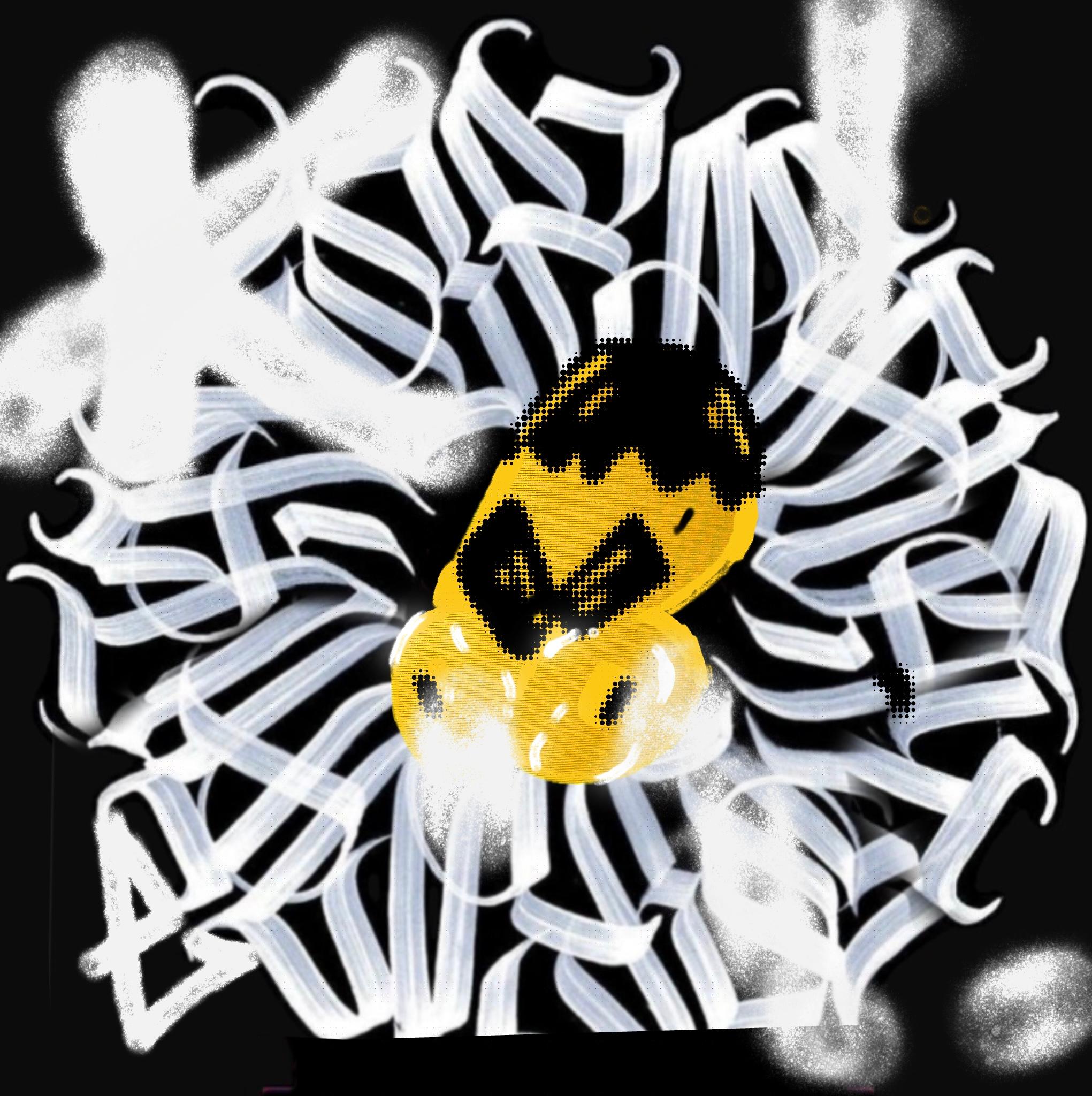 The same weird-headed, alien-like yellow face inside looping white marks, with bright white bursts now thrown outward across the surrounding field.