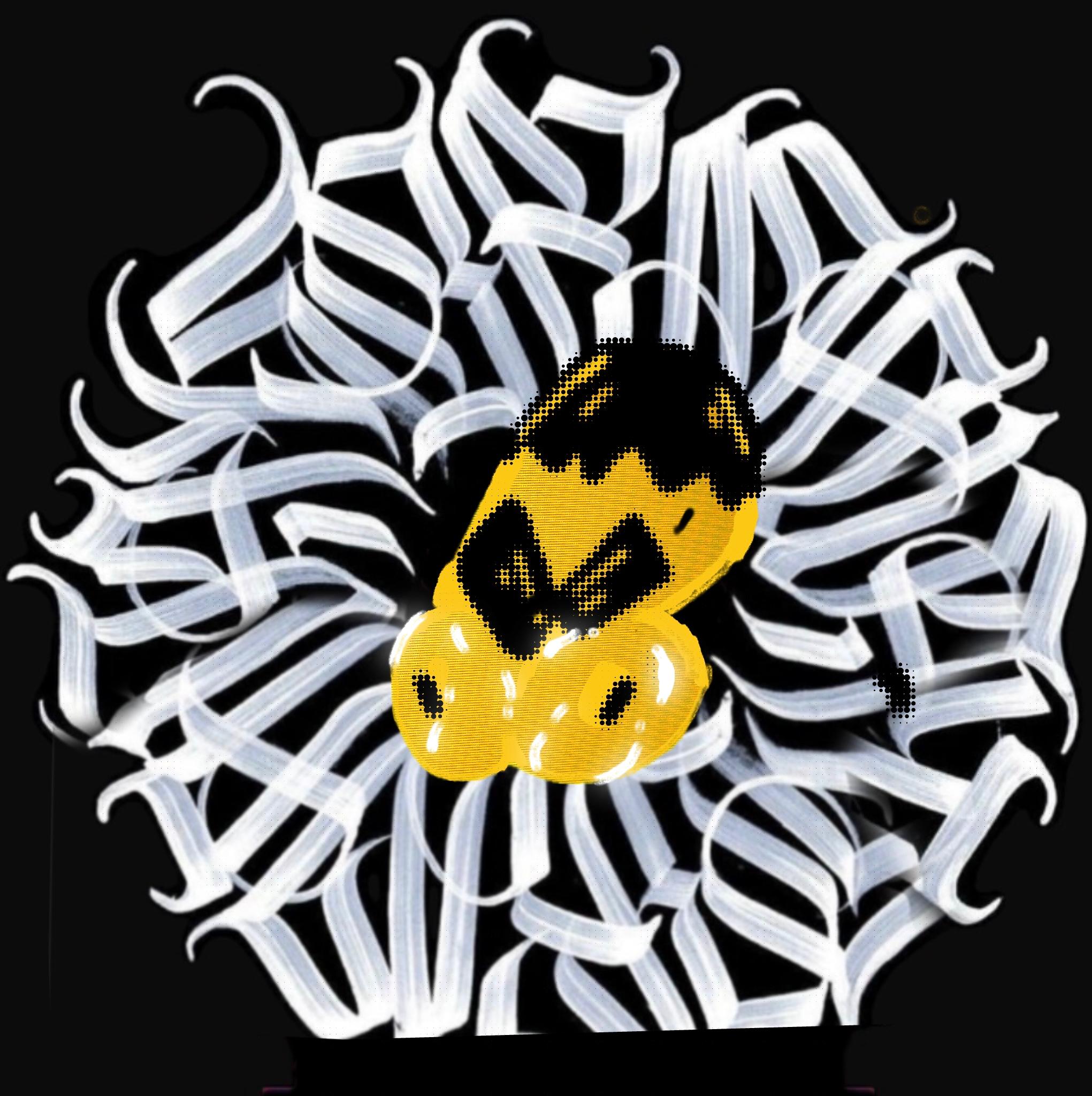 A weird-headed, alien-like yellow face with black hair and two large eyes, set inside a field of looping white marks on black, the field around it still unbroken.