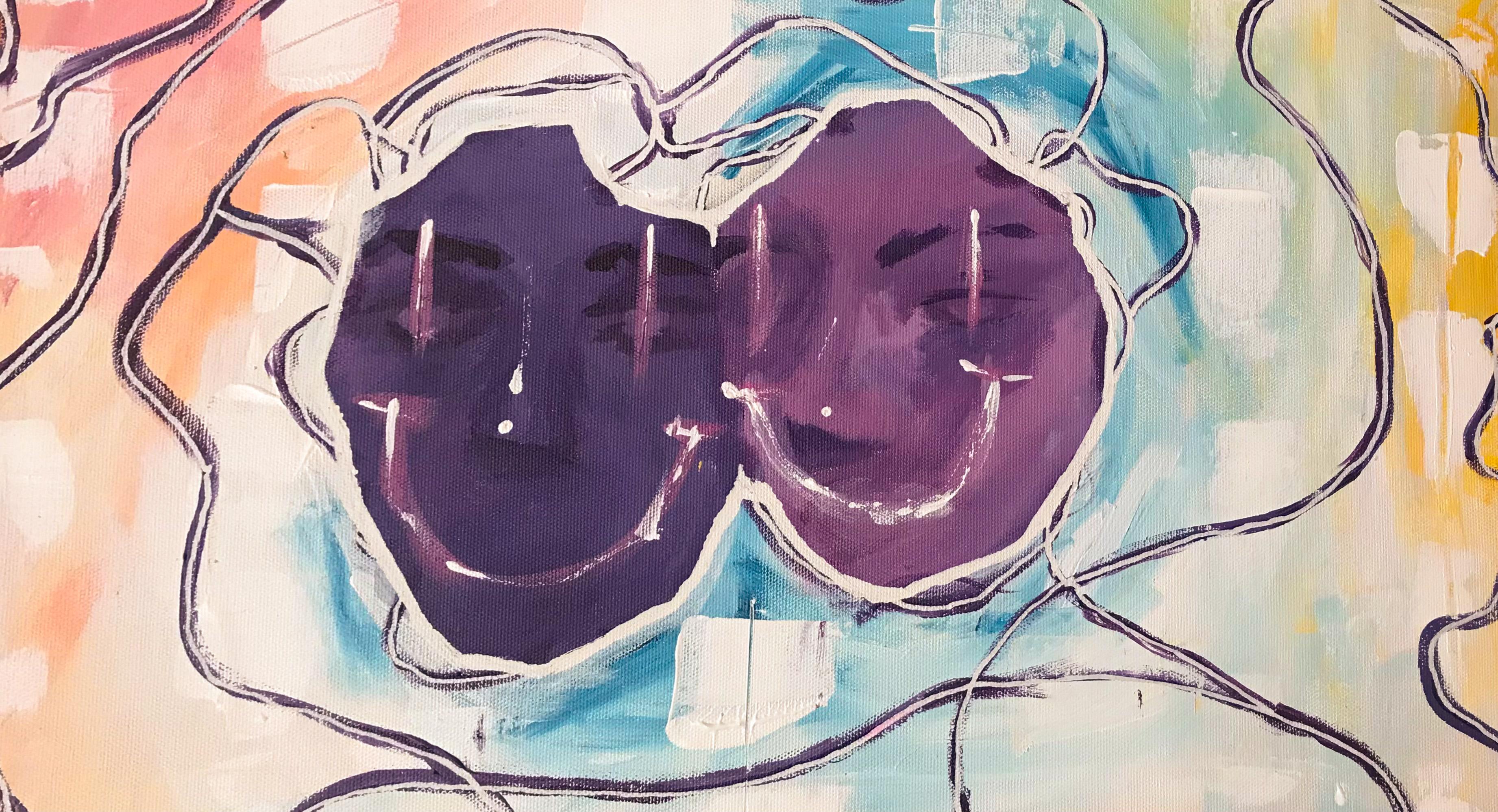 Two stylized faces held within a shared composition, linked by surrounding forms in a vivid and slightly surreal atmosphere.
