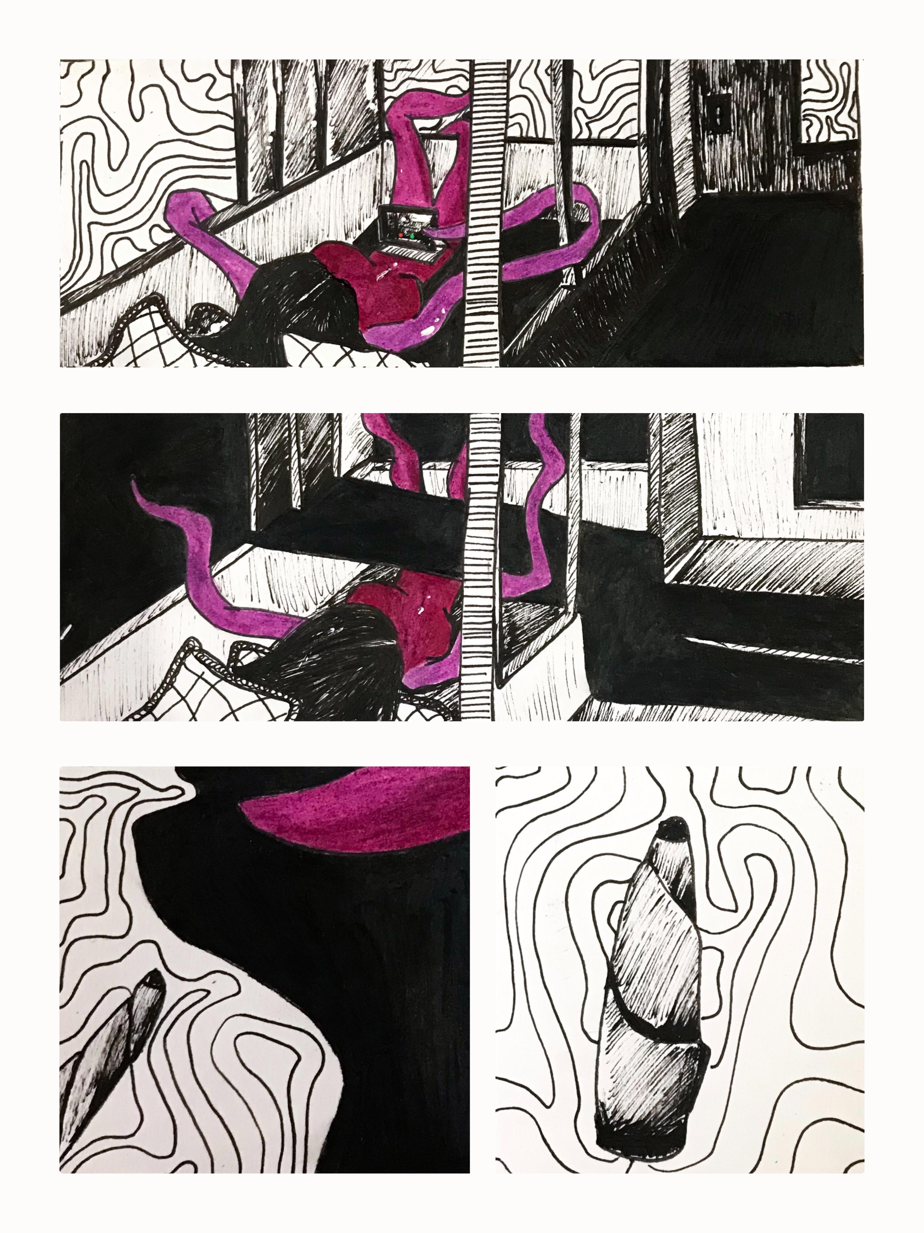 A multi-panel drawing featuring an octopus-like character, interior and exterior scenes, smoke, shadow and a sequence of small narrative transitions.