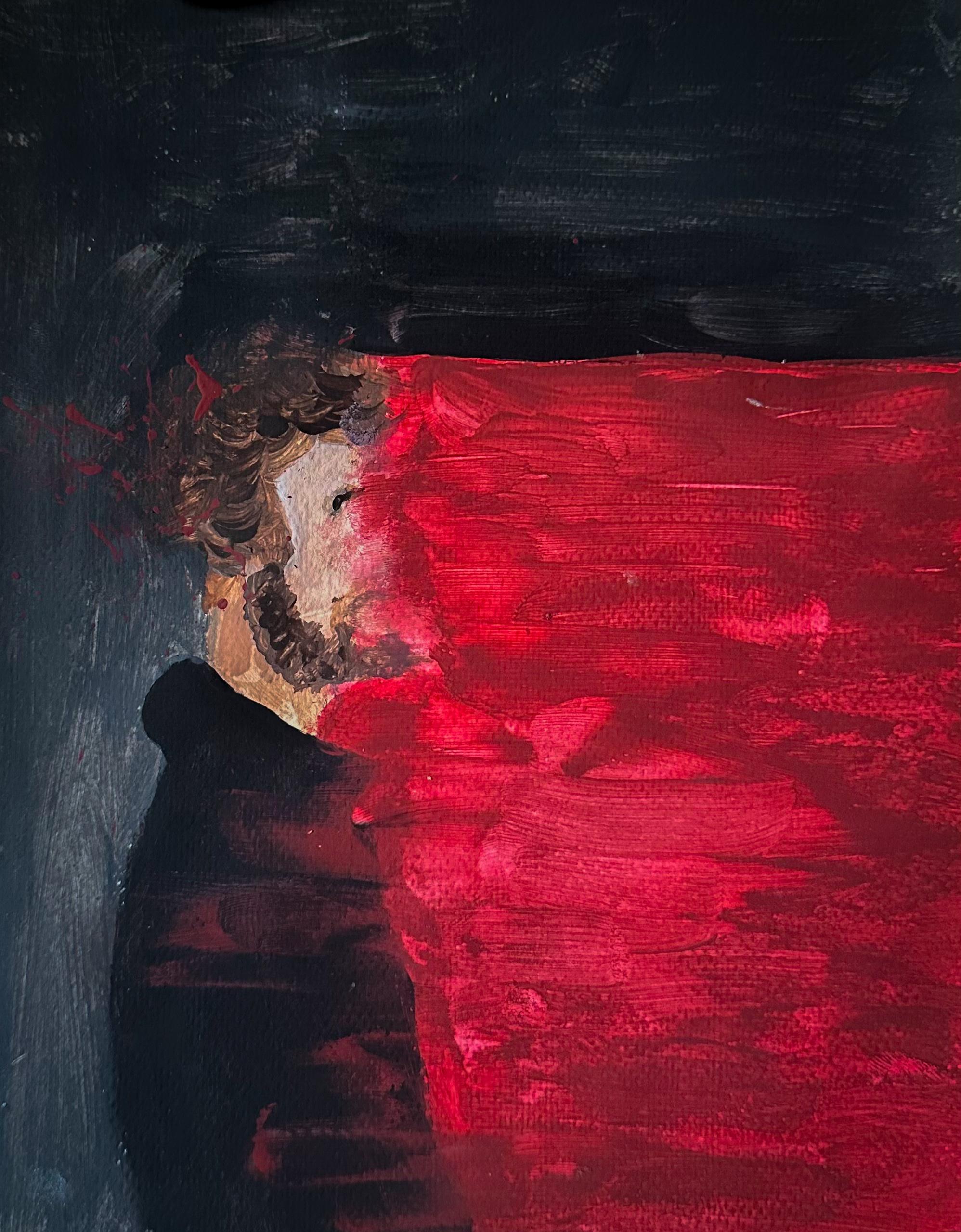 A portrait of a figure looking ahead across a dark and red field, carrying a subdued and reflective atmosphere.
