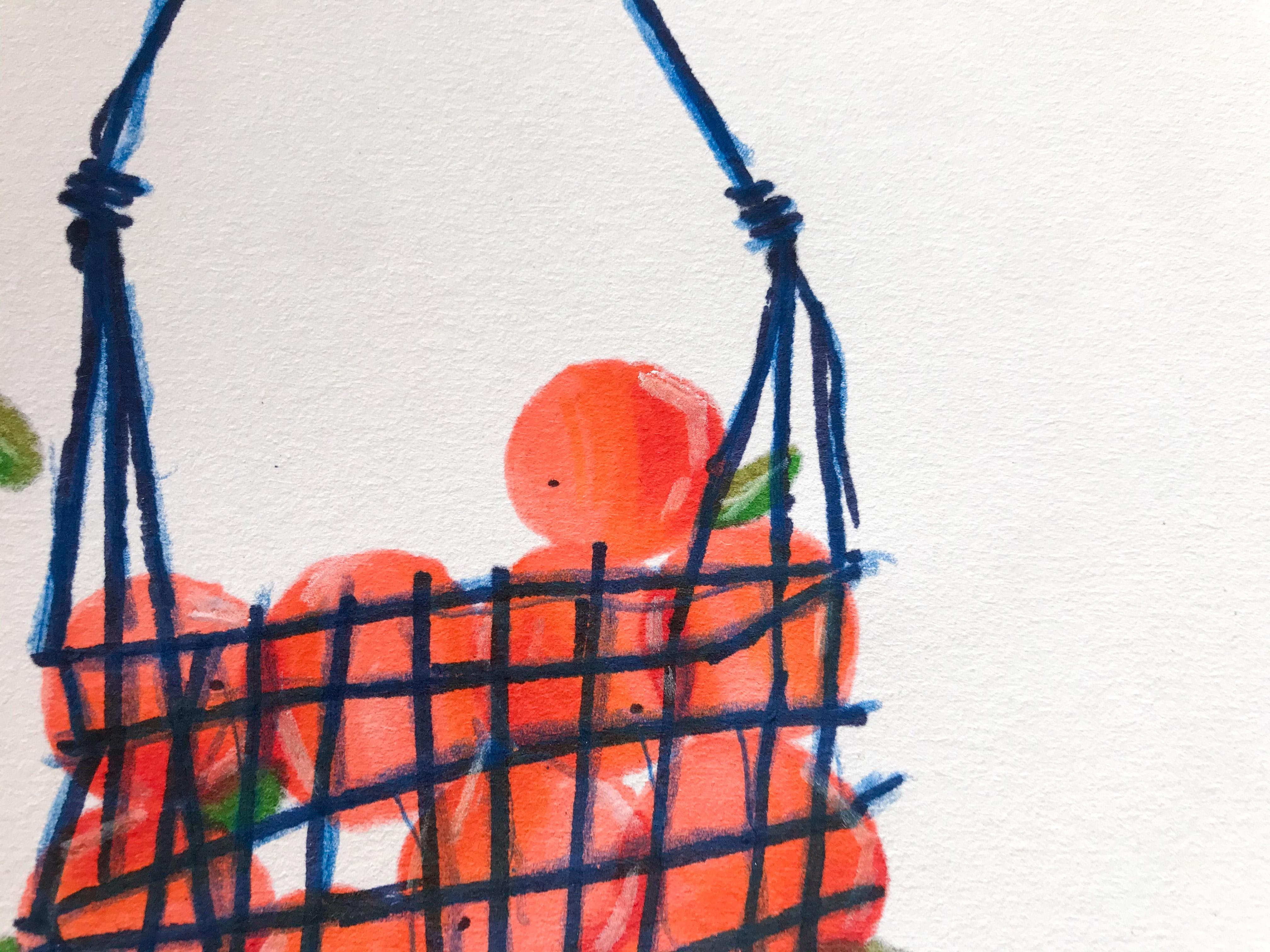 A closer still life study of grapefruits in a hanging net or basket, focusing more tightly on surface and form.