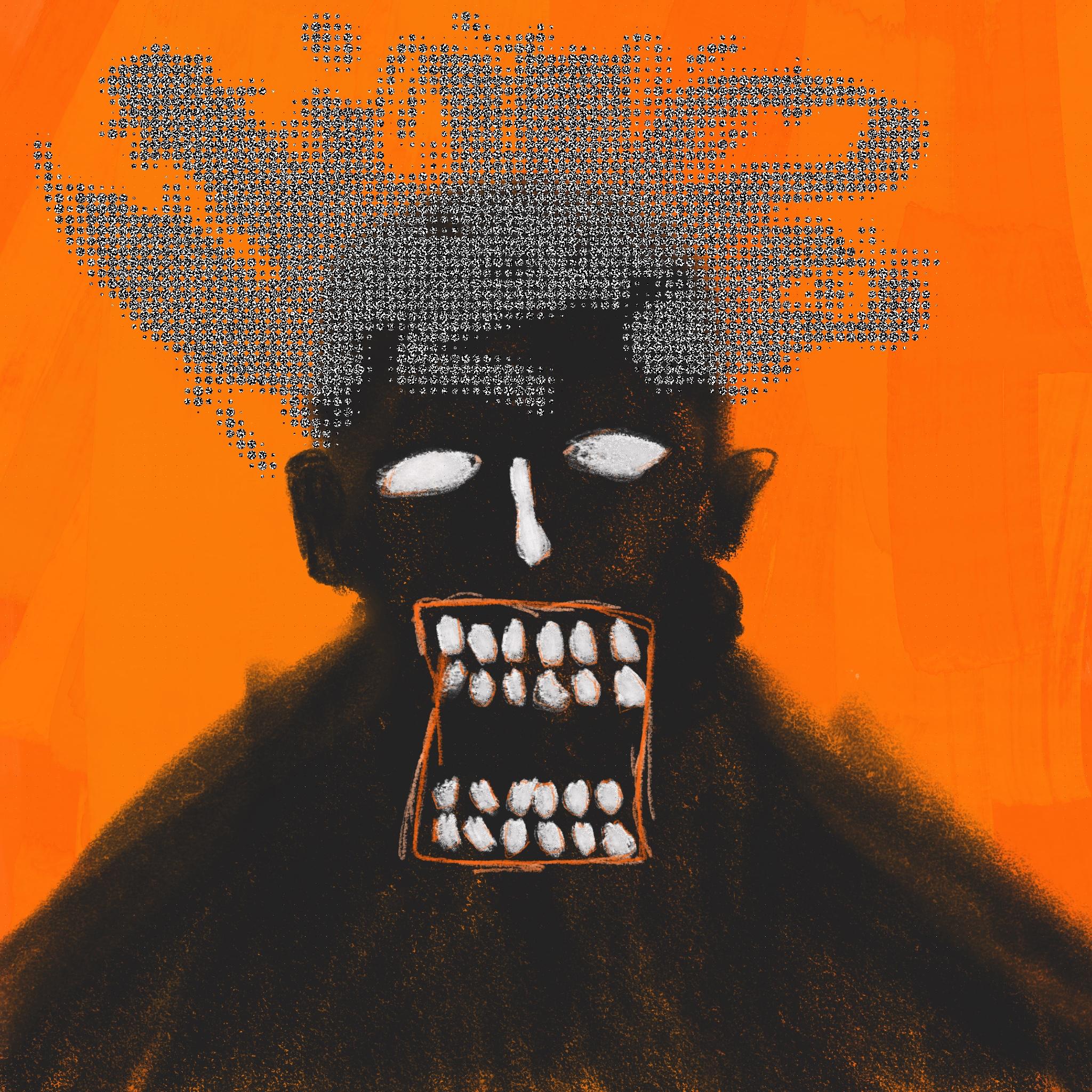 A portrait-like figure whose head and hair dissolve into visual noise, creating a stronger sense of mental interference.
